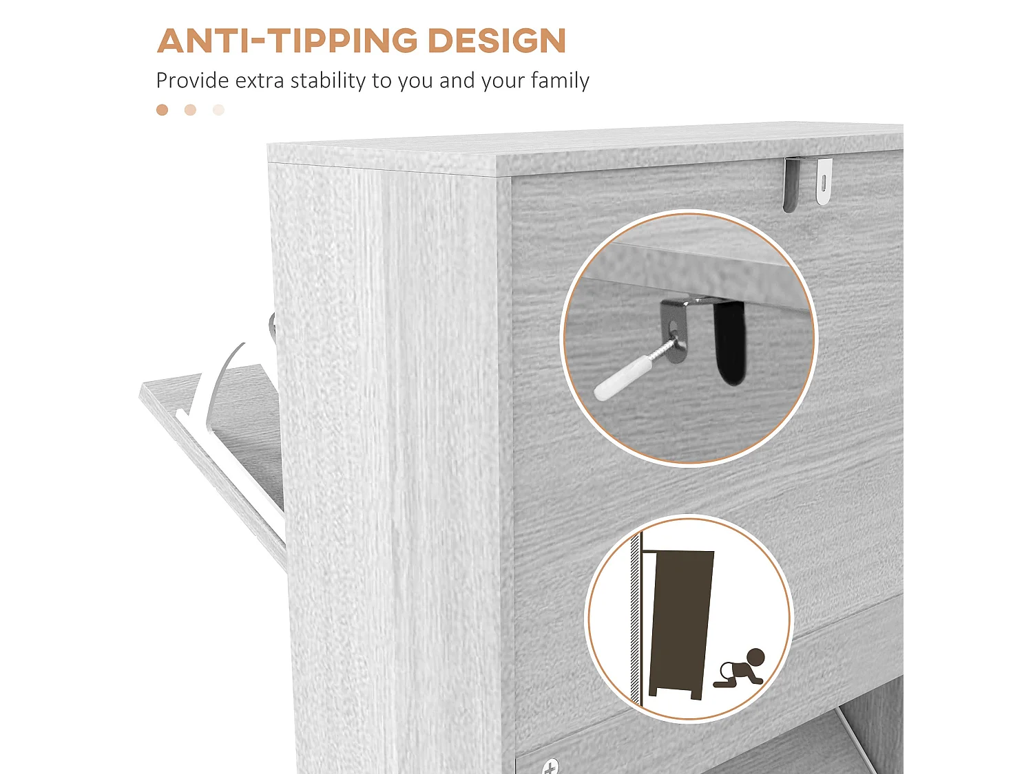 Makahi Grey Wood Effect Shoe Cabinet 3 Flip Drawers Stores up to 12 Pairs