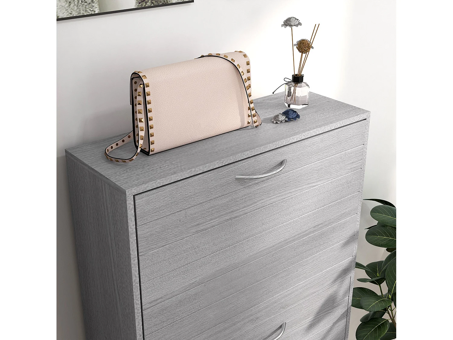 Makahi Grey Wood Effect Shoe Cabinet 3 Flip Drawers Stores up to 12 Pairs