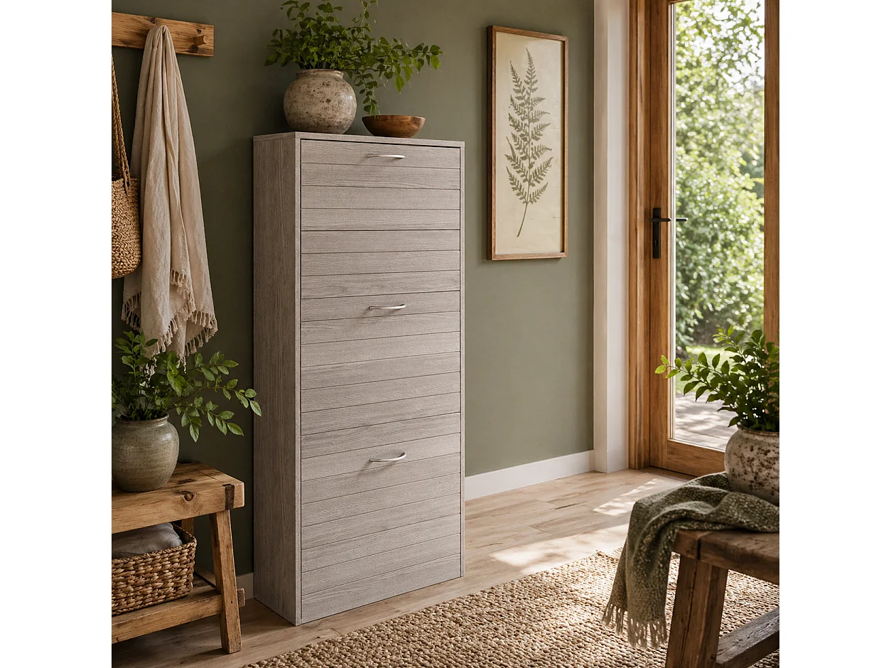 Makahi Grey Wood Effect Shoe Cabinet 3 Flip Drawers Stores up to 12 Pairs