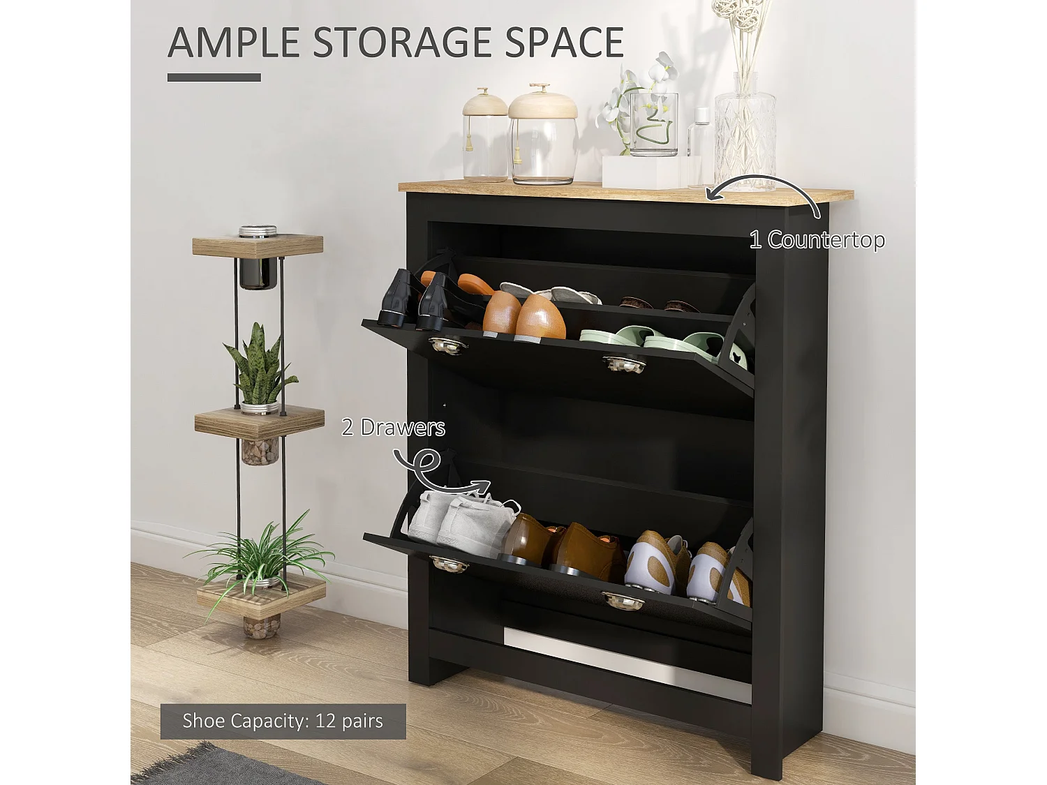 Resuka Black Slim Shoe Cabinet 2 Flip Drawers Fits 6–12 Pairs