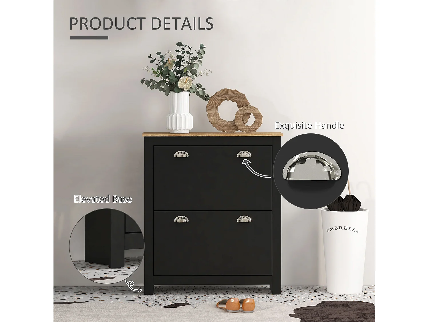 Resuka Black Slim Shoe Cabinet 2 Flip Drawers Fits 6–12 Pairs