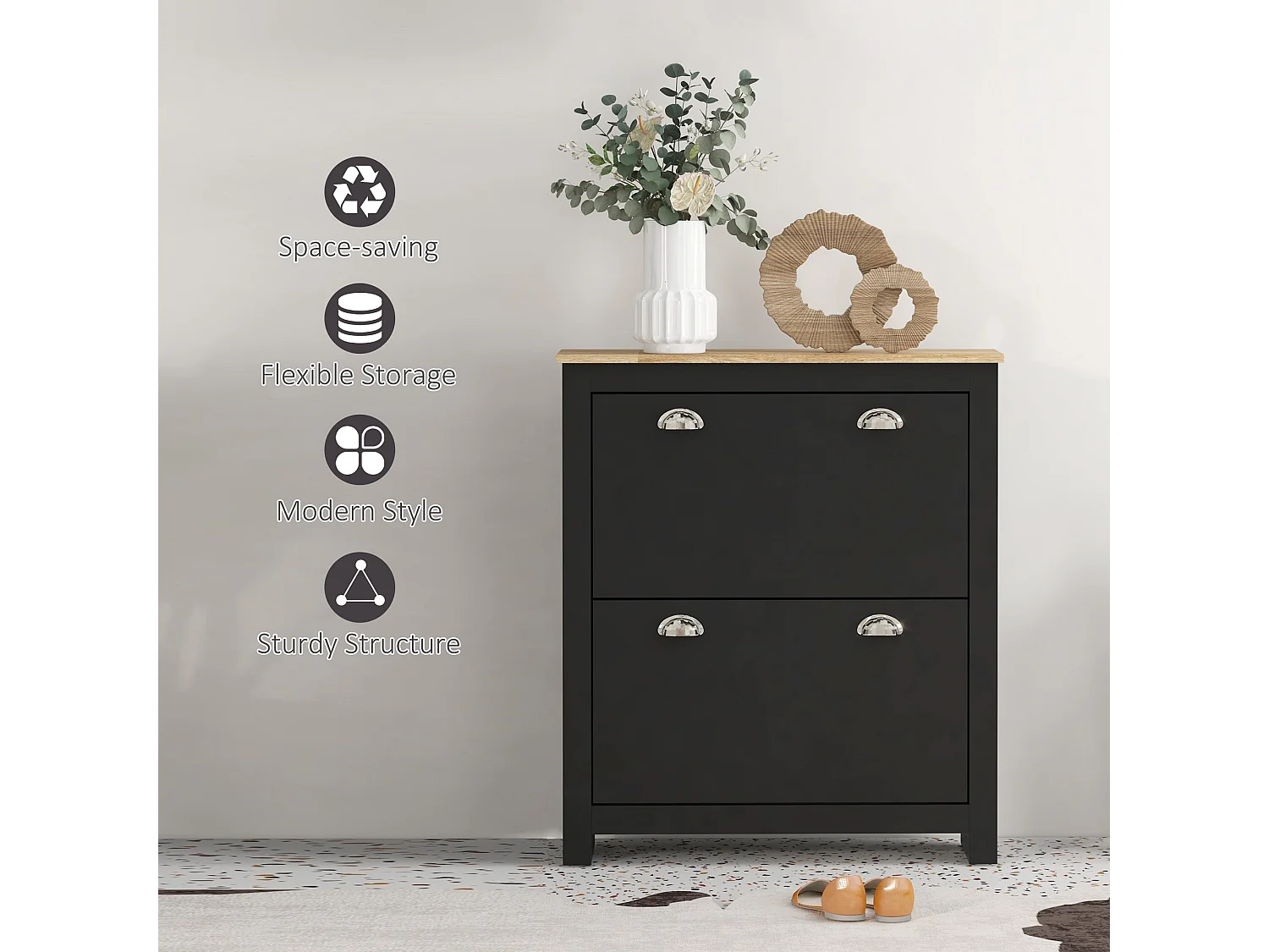 Resuka Black Slim Shoe Cabinet 2 Flip Drawers Fits 6–12 Pairs