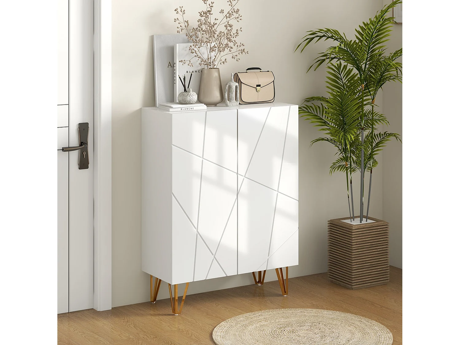 Monola Slim High Gloss White Shoe Cabinet Modern Geometric Design for 15–20 Pairs