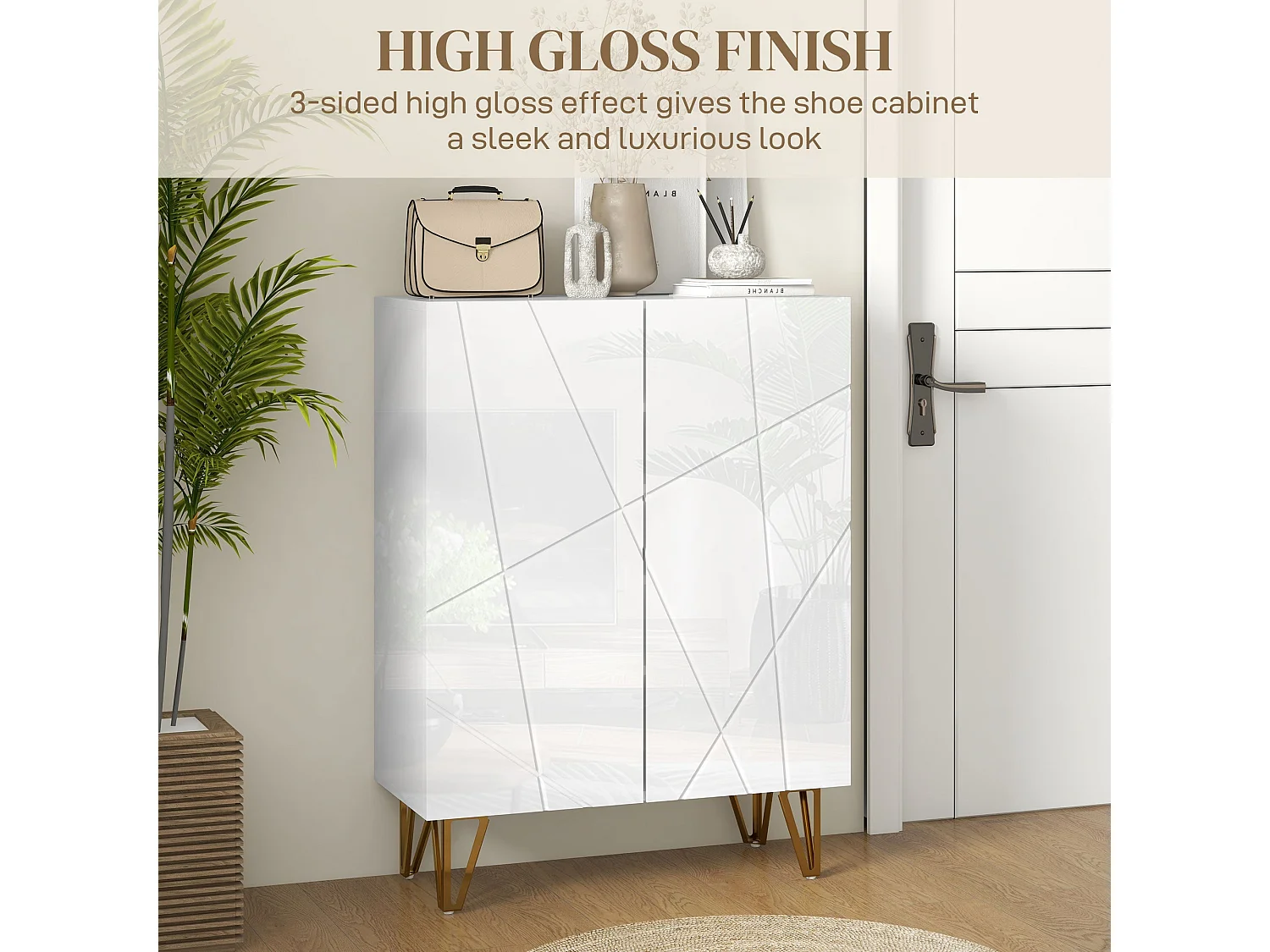 Monola Slim High Gloss White Shoe Cabinet Modern Geometric Design for 15–20 Pairs