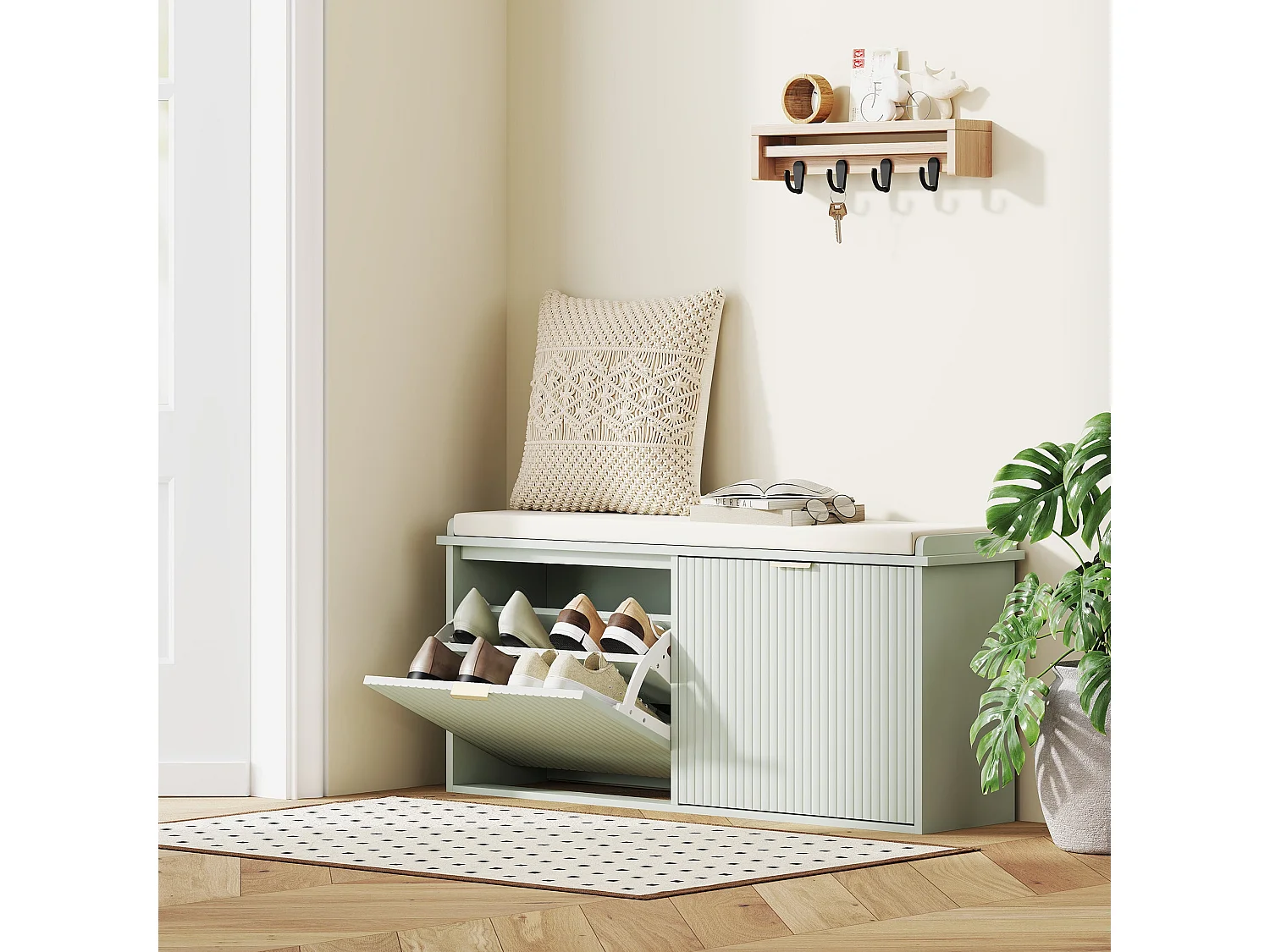Reraha Mint Green Wooden Shoe Bench for 10 Pairs with Cushioned Beige Top