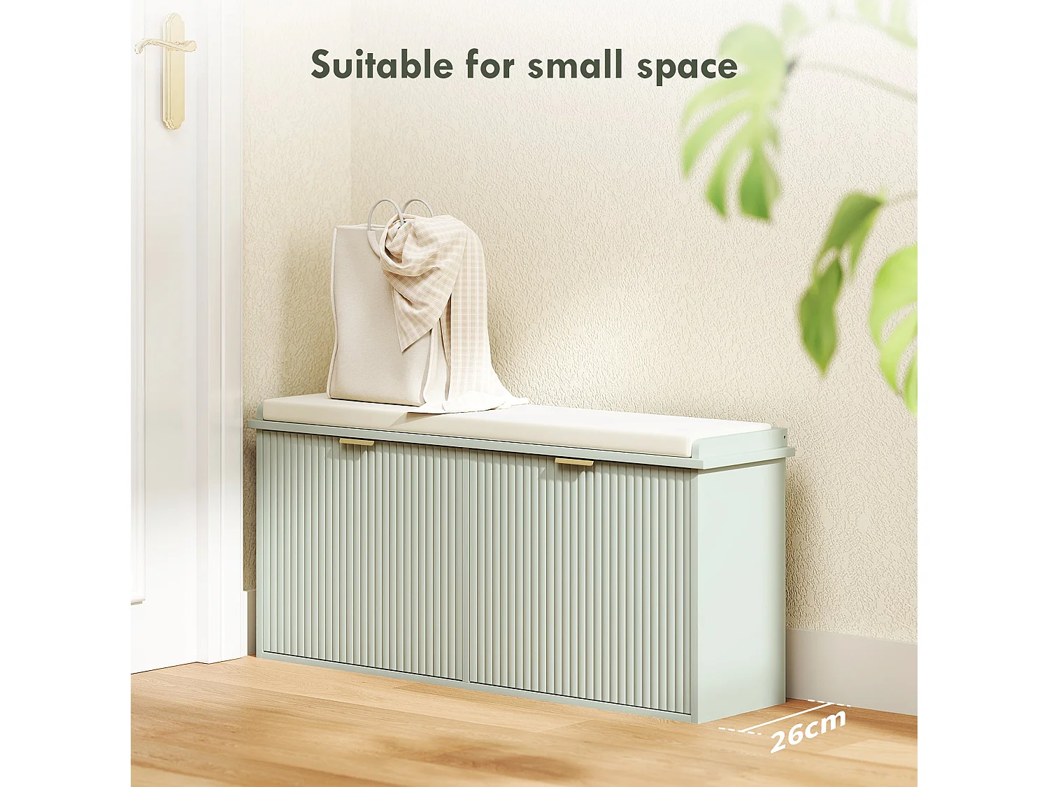 Reraha Mint Green Wooden Shoe Bench for 10 Pairs with Cushioned Beige Top