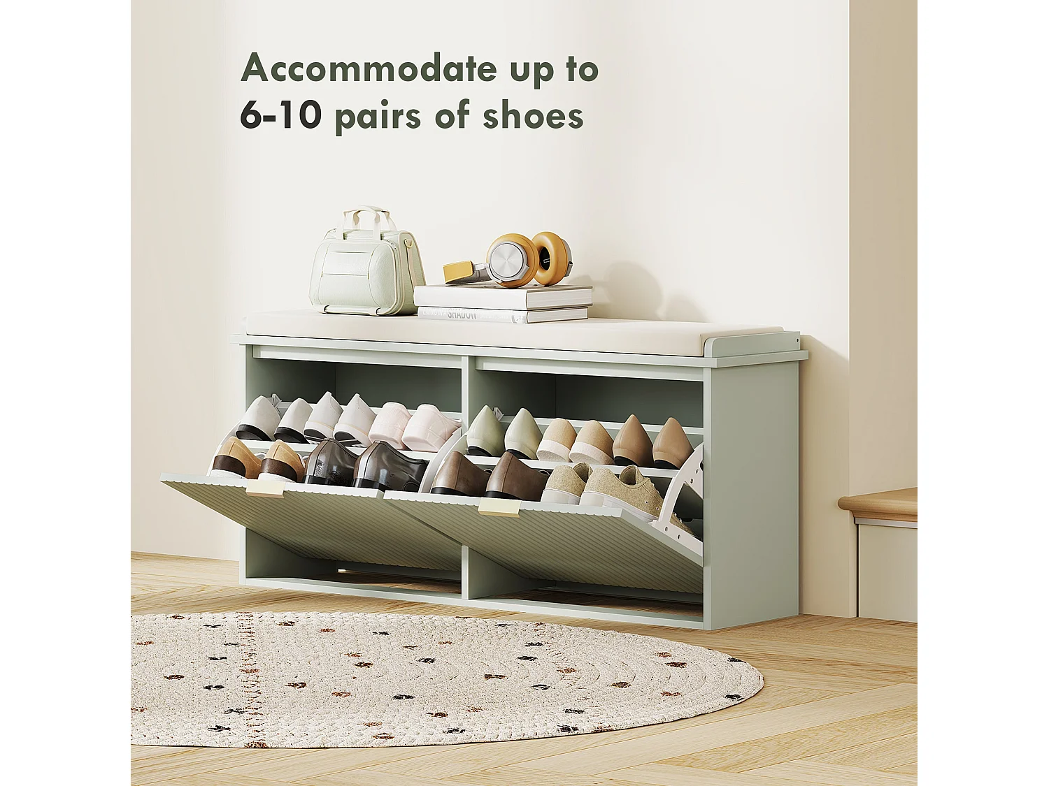 Reraha Mint Green Wooden Shoe Bench for 10 Pairs with Cushioned Beige Top