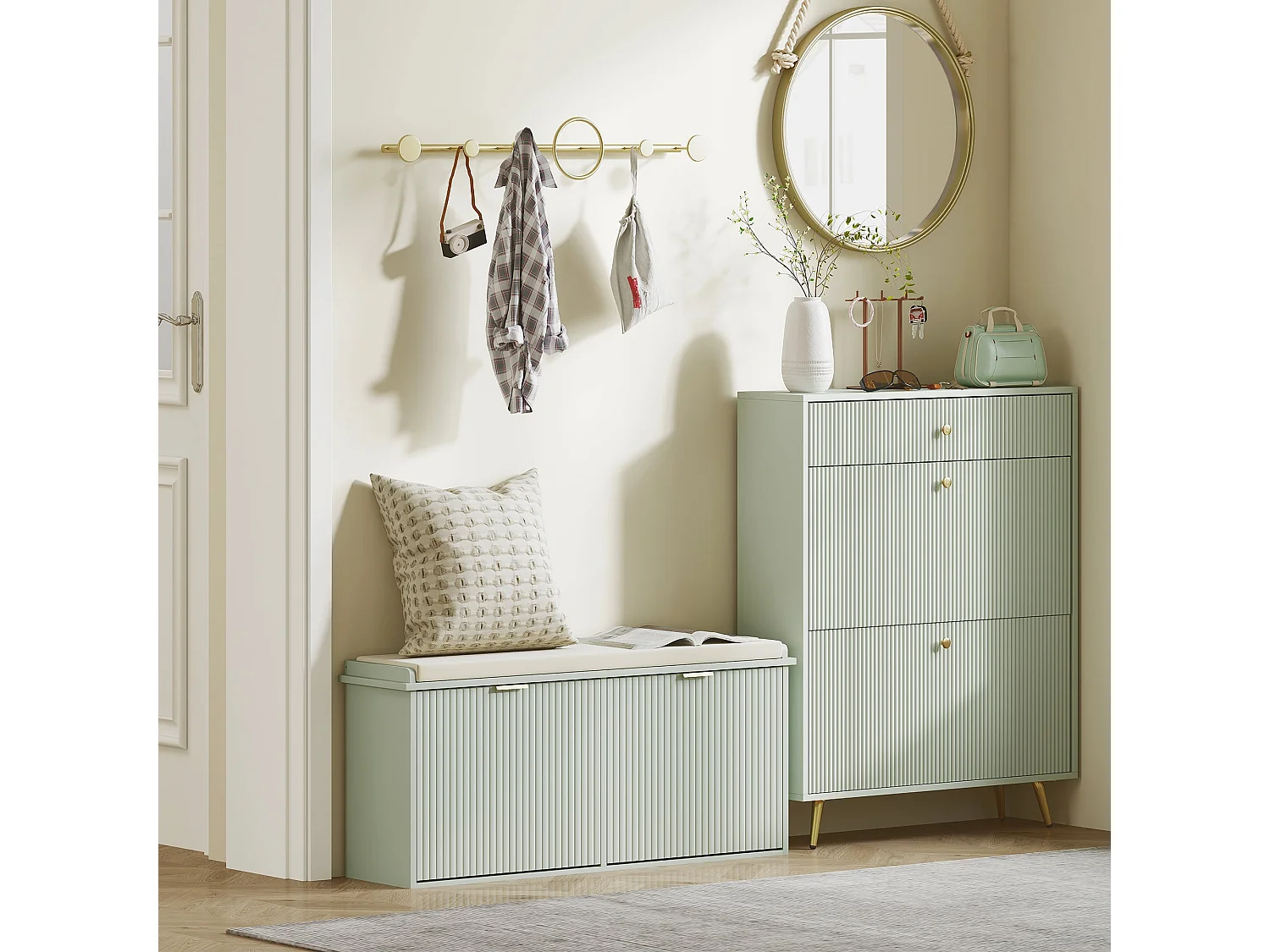 Reraha Mint Green Wooden Shoe Bench for 10 Pairs with Cushioned Beige Top