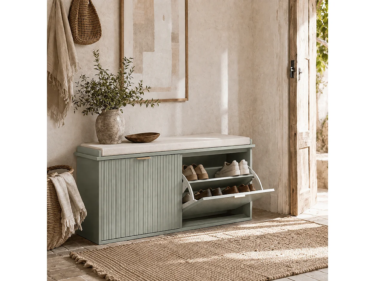 Reraha Mint Green Wooden Shoe Bench for 10 Pairs with Cushioned Beige Top