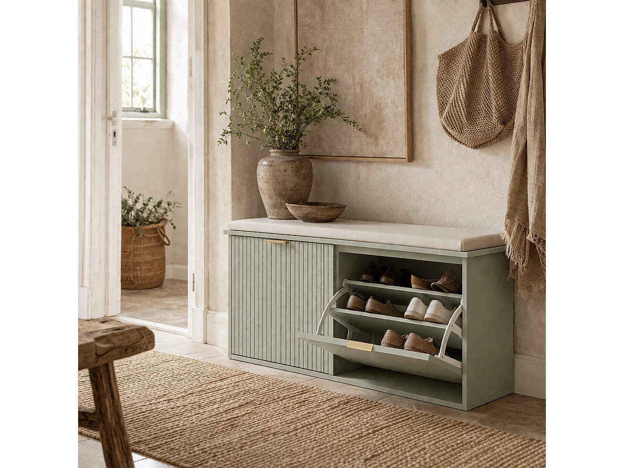 Reraha Mint Green Wooden Shoe Bench for 10 Pairs with Cushioned Beige Top