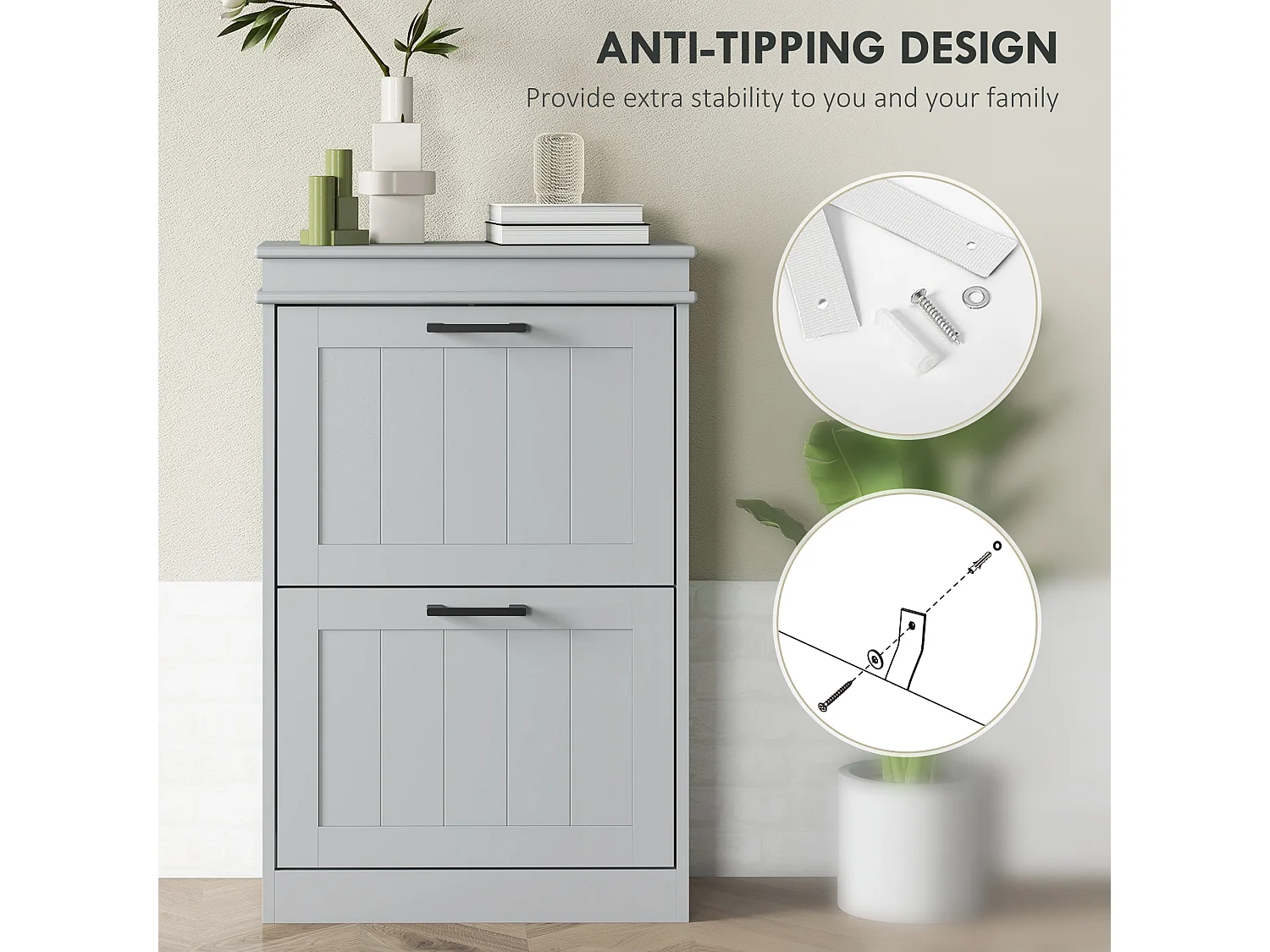 Falifa Grey 2 Drawer Shoe Cabinet Compact MDF Storage for Up to 10 Pairs