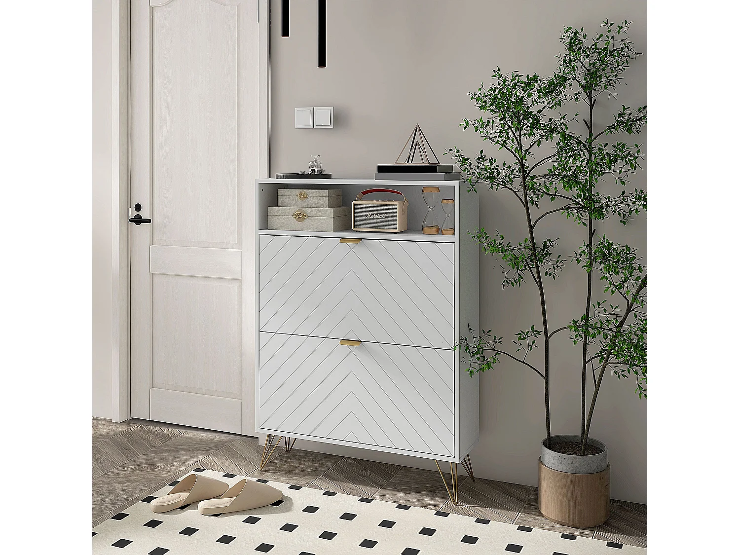 Notafa White Chevron Shoe Cabinet with Gold Accents Holds up to 12 Pairs