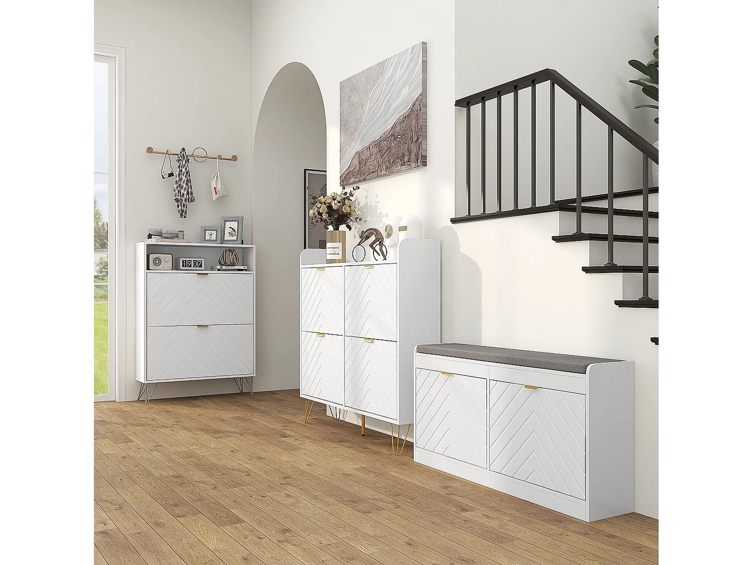 Notafa White Chevron Shoe Cabinet with Gold Accents Holds up to 12 Pairs