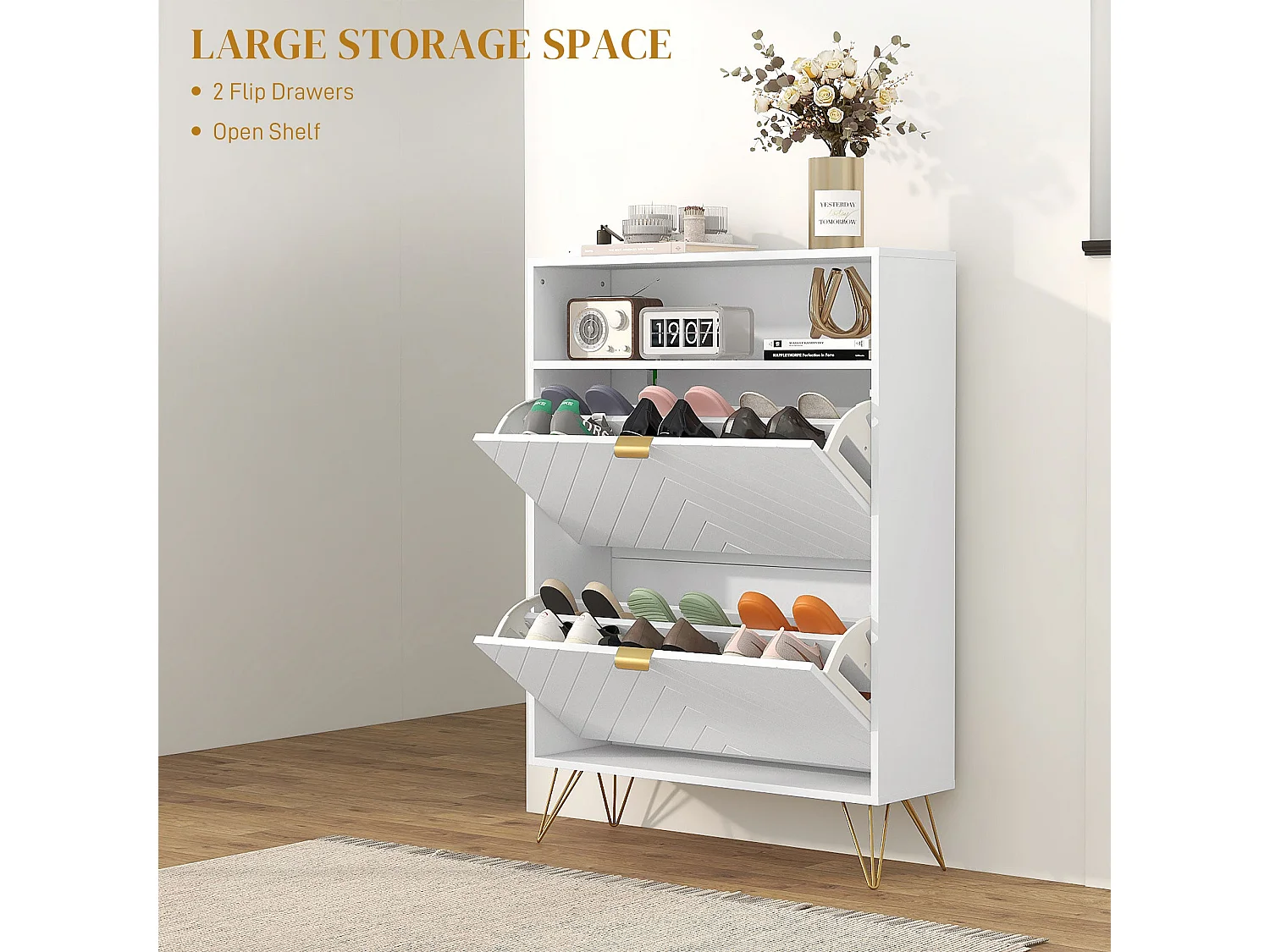 Notafa White Chevron Shoe Cabinet with Gold Accents Holds up to 12 Pairs