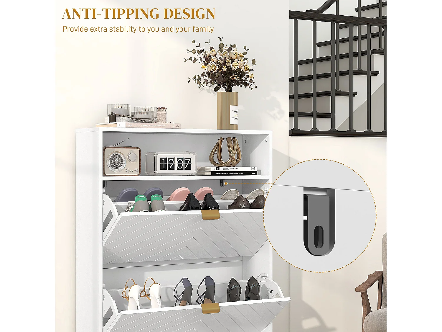 Notafa White Chevron Shoe Cabinet with Gold Accents Holds up to 12 Pairs