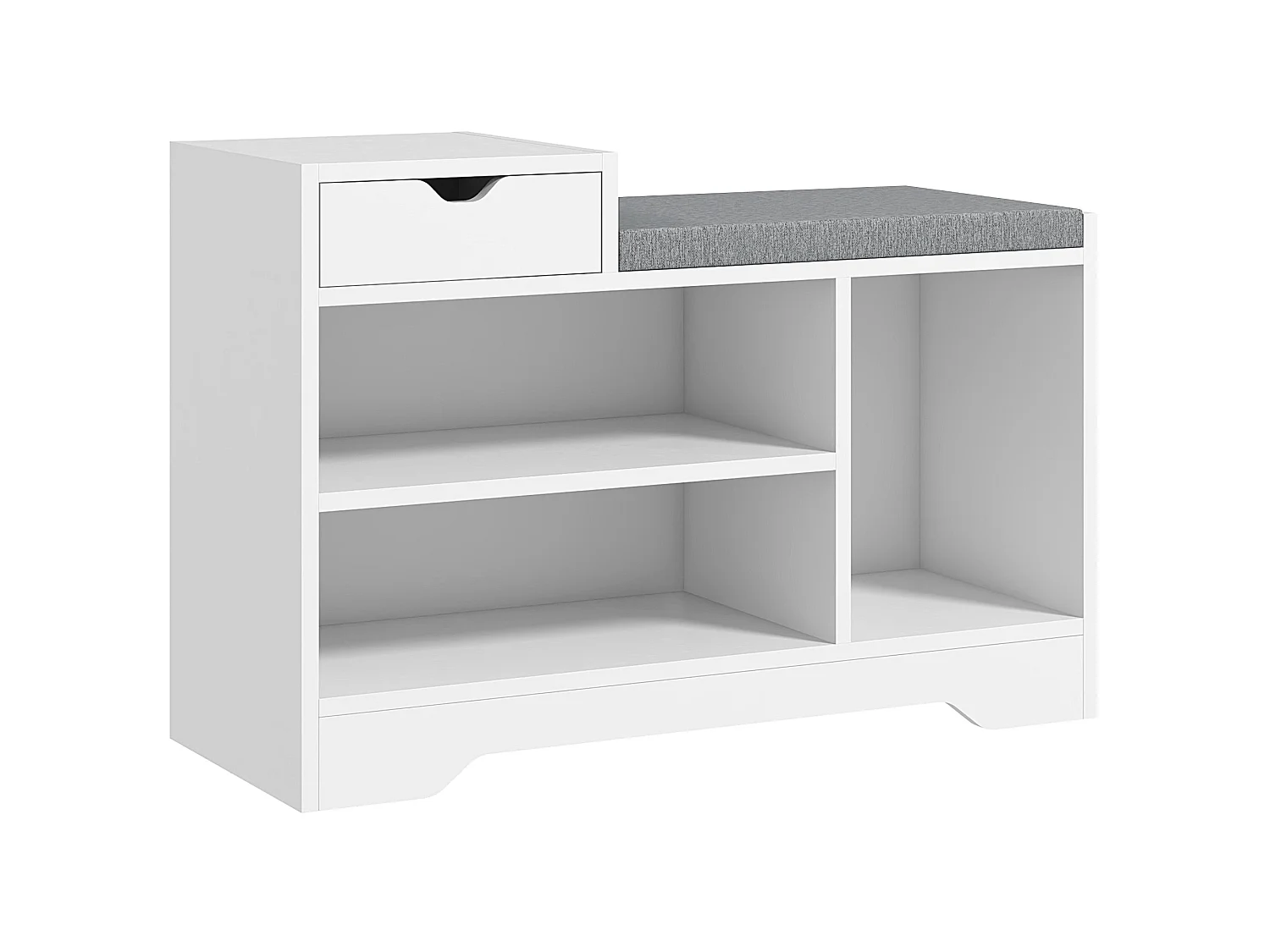 Norata White Wooden Shoe Bench with Grey Cushioned Seat and Multi Compartment Storage