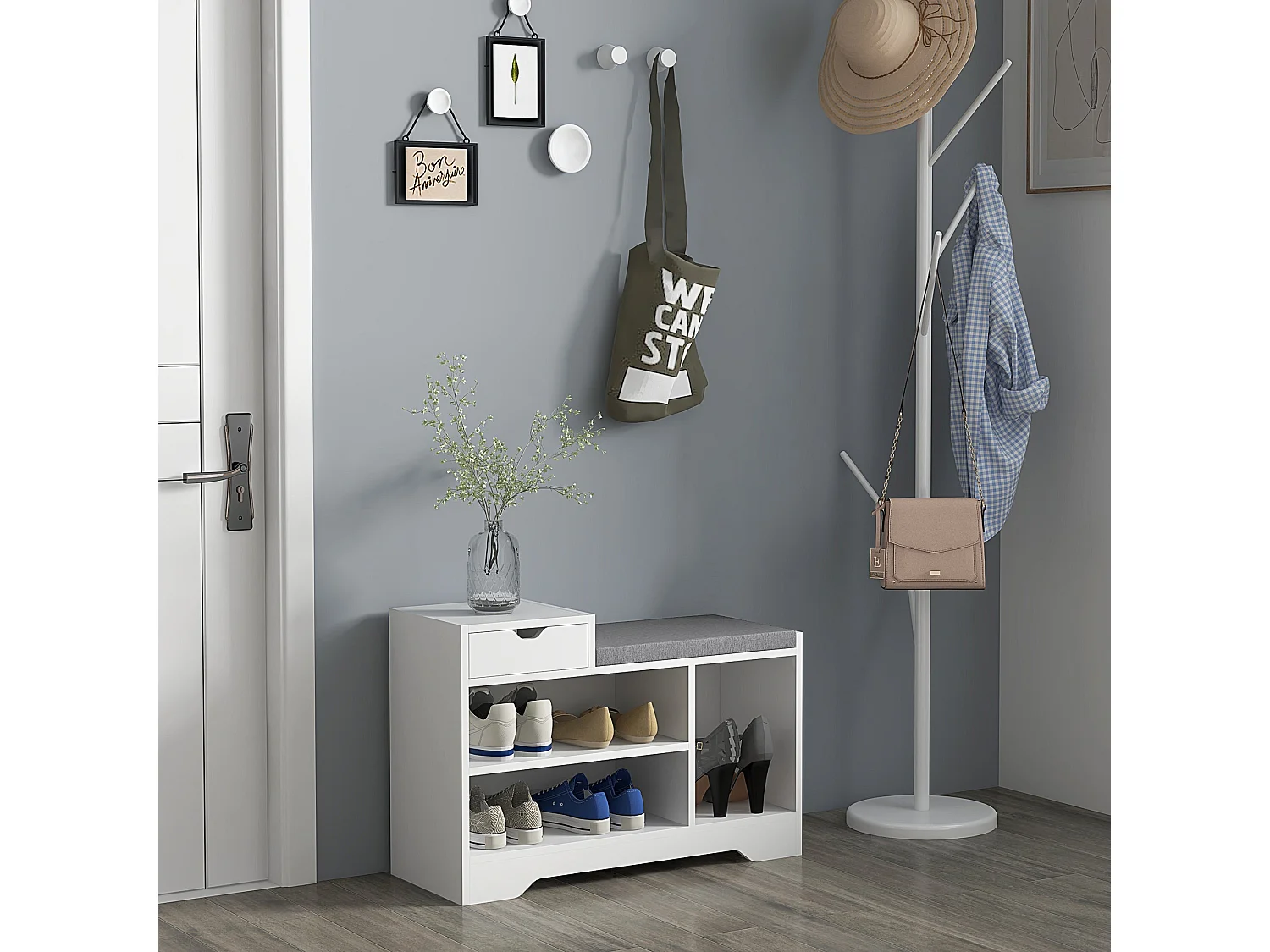 Norata White Wooden Shoe Bench with Grey Cushioned Seat and Multi Compartment Storage