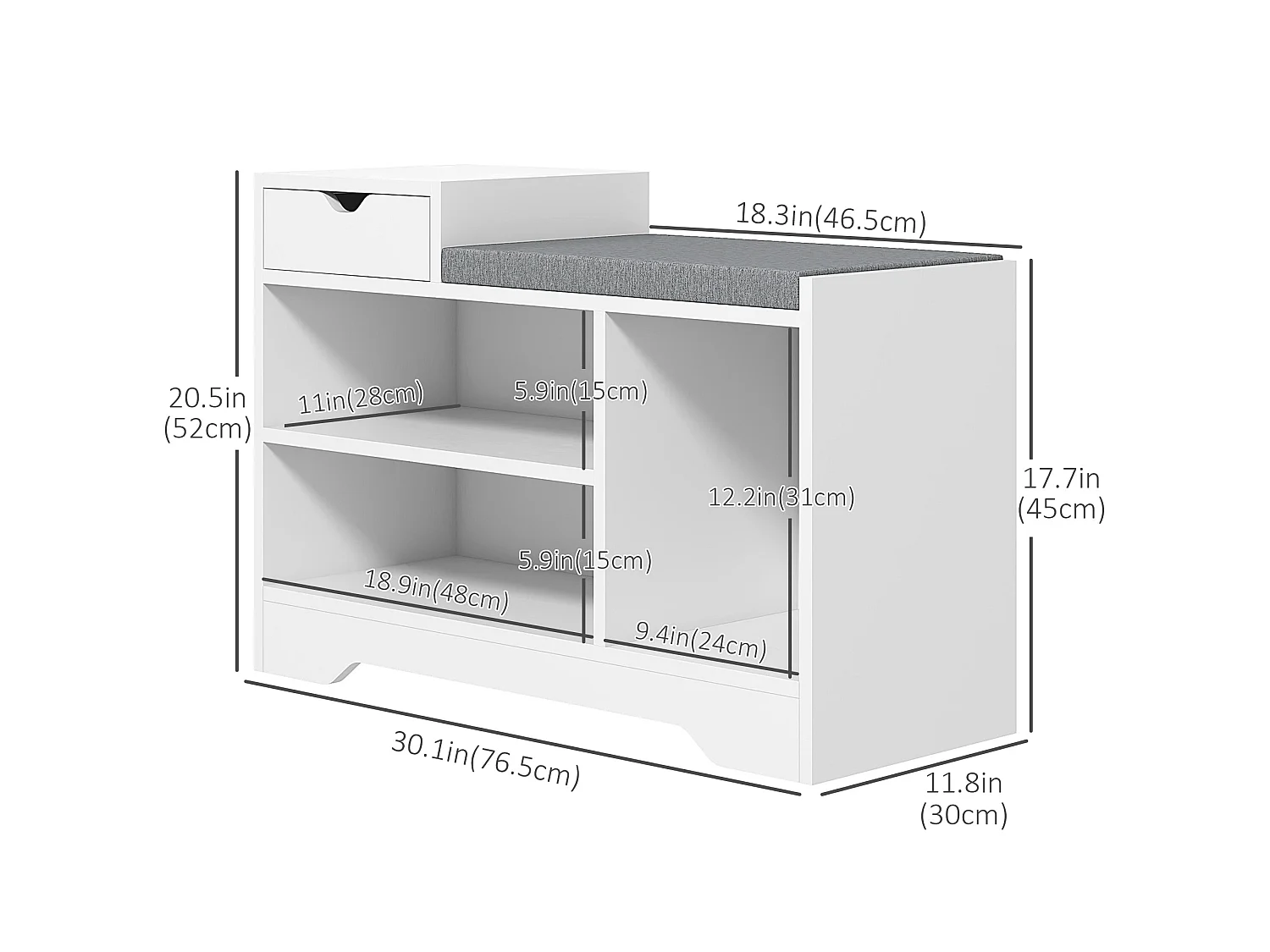 Norata White Wooden Shoe Bench with Grey Cushioned Seat and Multi Compartment Storage