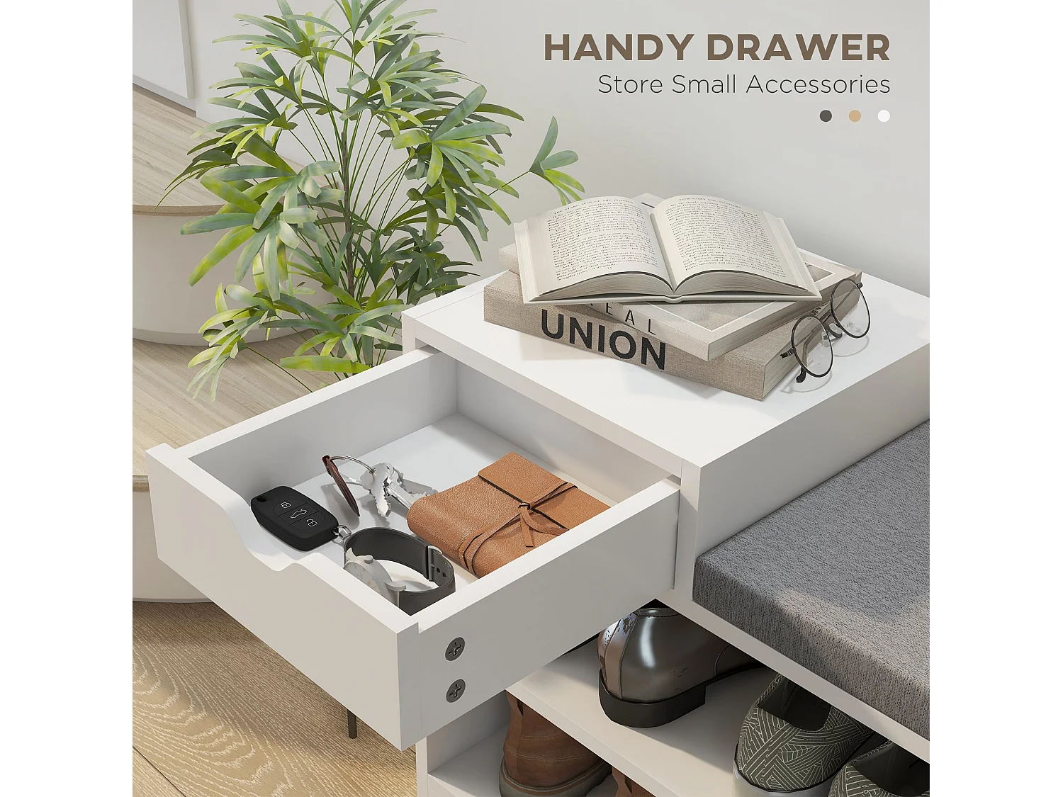 Norata White Wooden Shoe Bench with Grey Cushioned Seat and Multi Compartment Storage