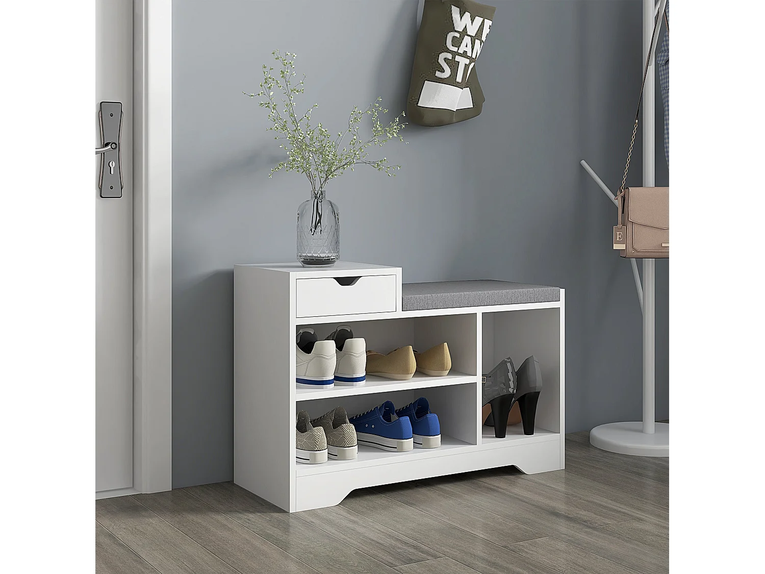 Norata White Wooden Shoe Bench with Grey Cushioned Seat and Multi Compartment Storage