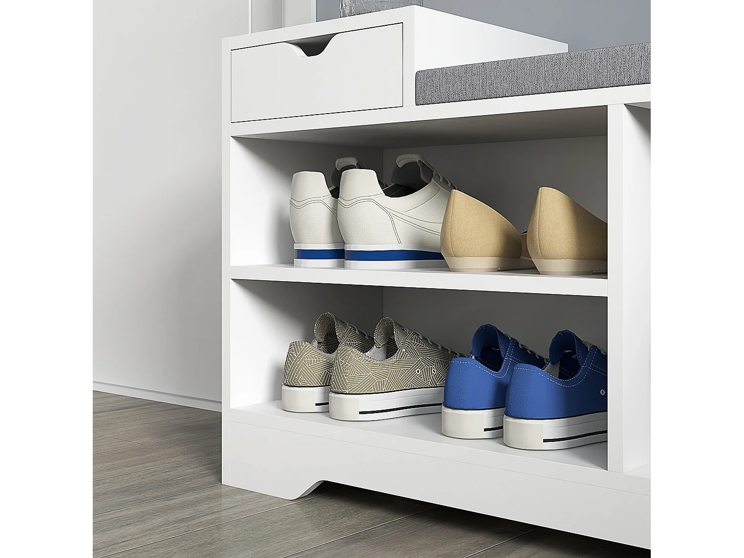 Norata White Wooden Shoe Bench with Grey Cushioned Seat and Multi Compartment Storage