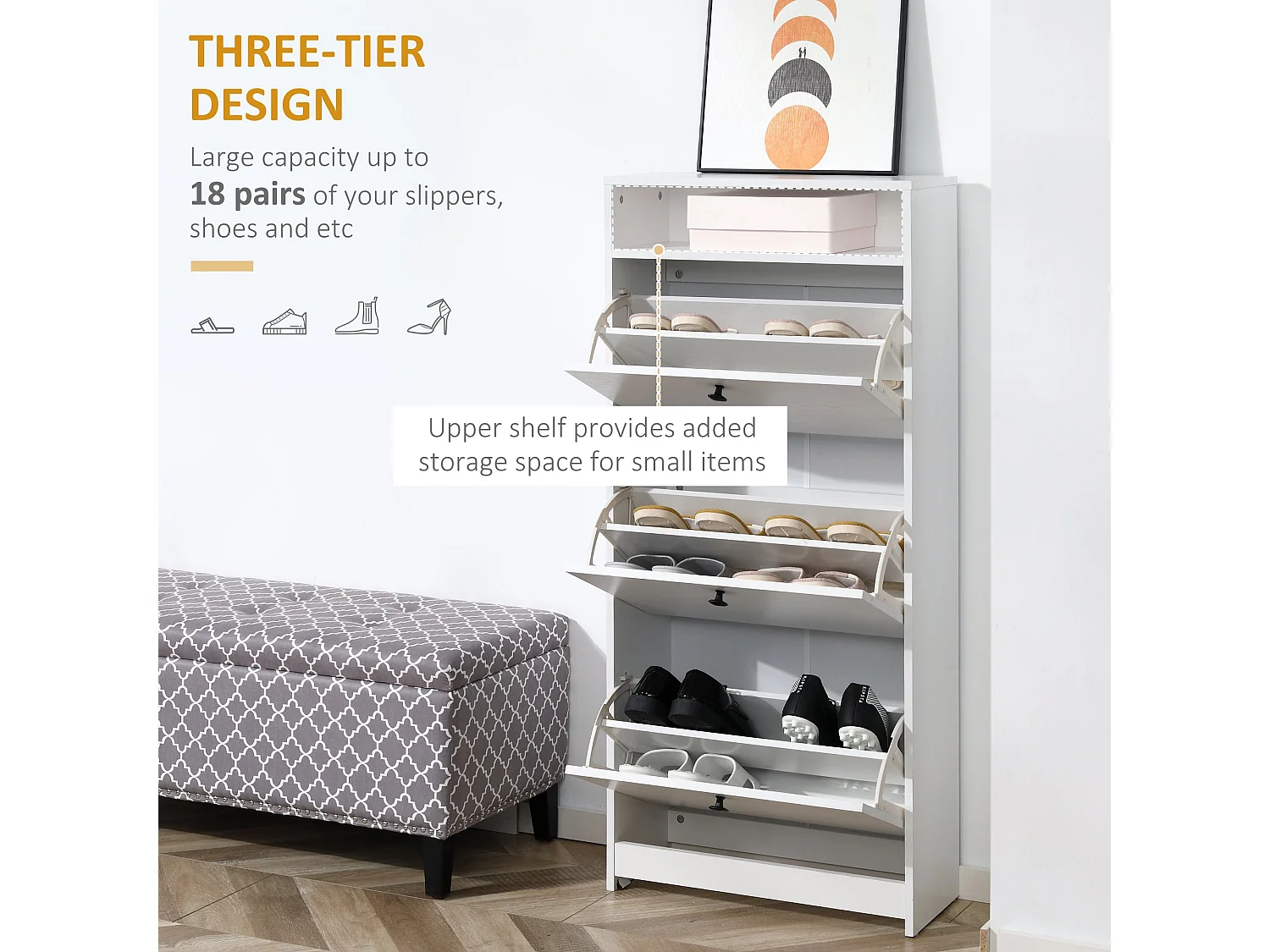 Kero Vemo Slim White Shoe Cabinet with 3 Flip Drawers and Top Shelf