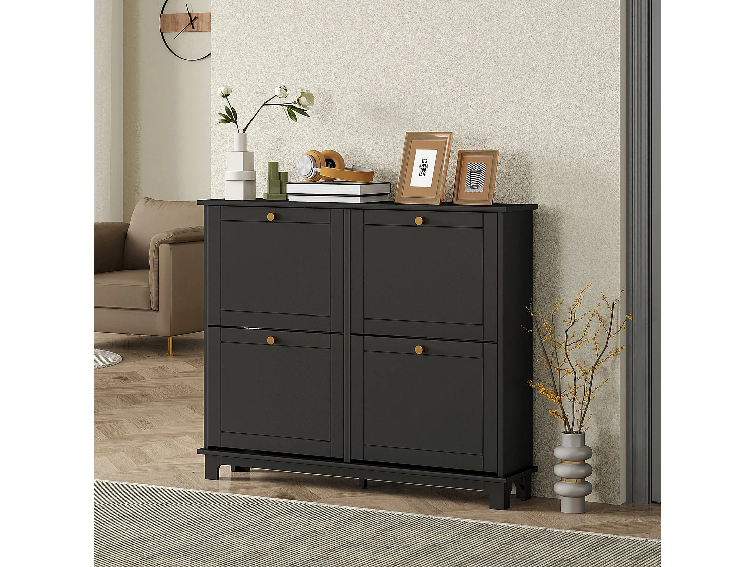 Serodo Black Slim Shoe Cabinet with 4 Flip Drawers Stores up to 16 Pairs