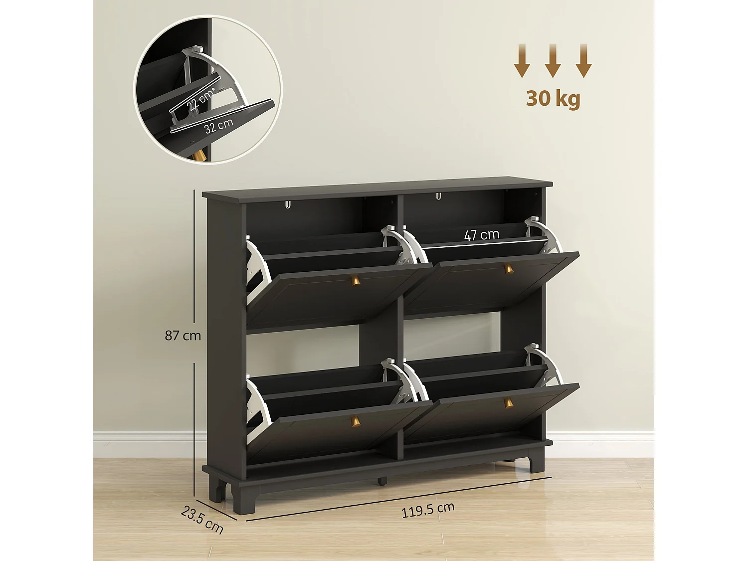 Serodo Black Slim Shoe Cabinet with 4 Flip Drawers Stores up to 16 Pairs