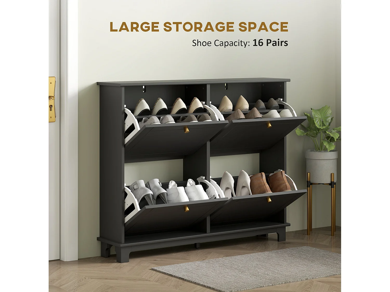 Serodo Black Slim Shoe Cabinet with 4 Flip Drawers Stores up to 16 Pairs
