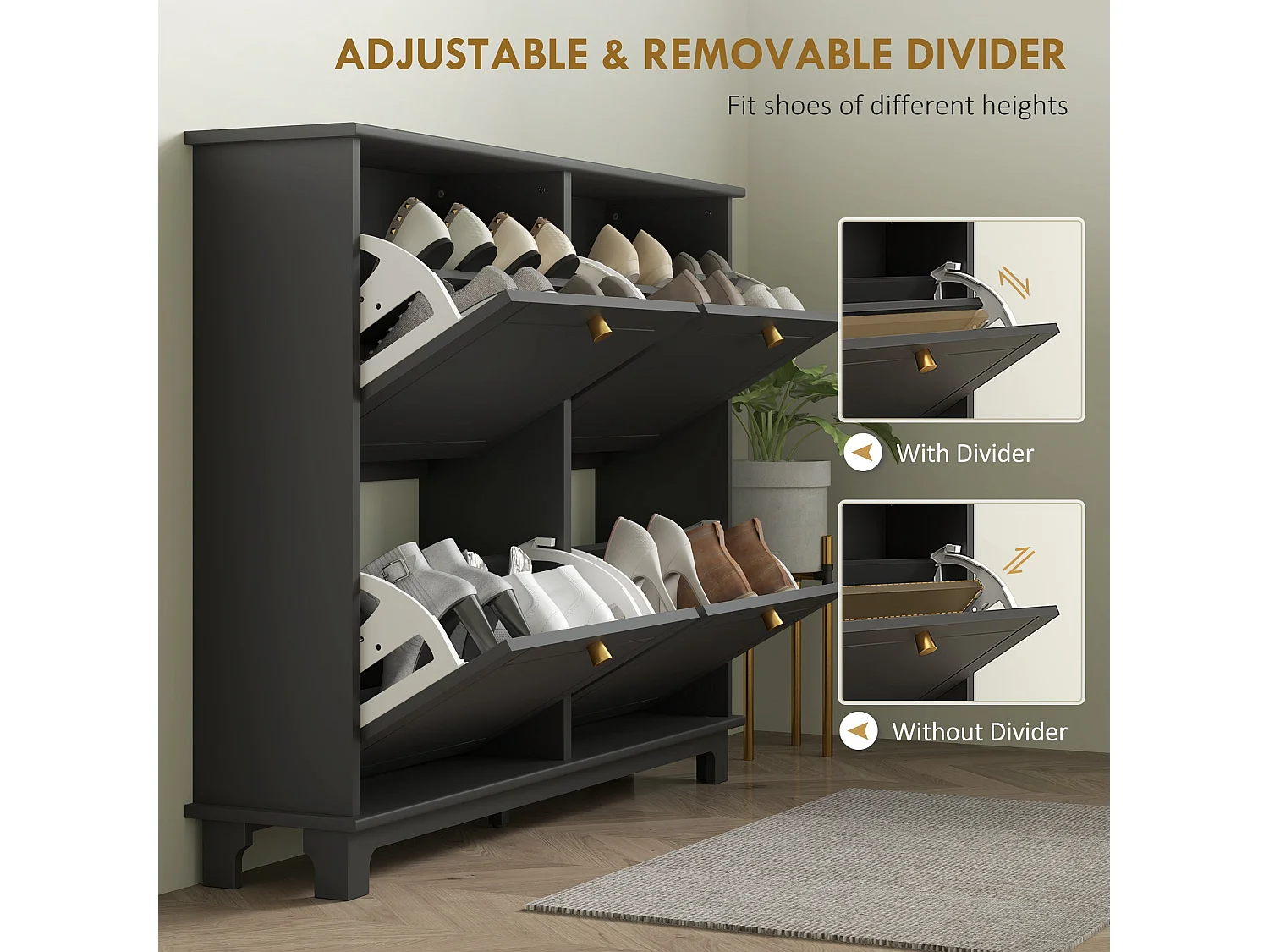 Serodo Black Slim Shoe Cabinet with 4 Flip Drawers Stores up to 16 Pairs