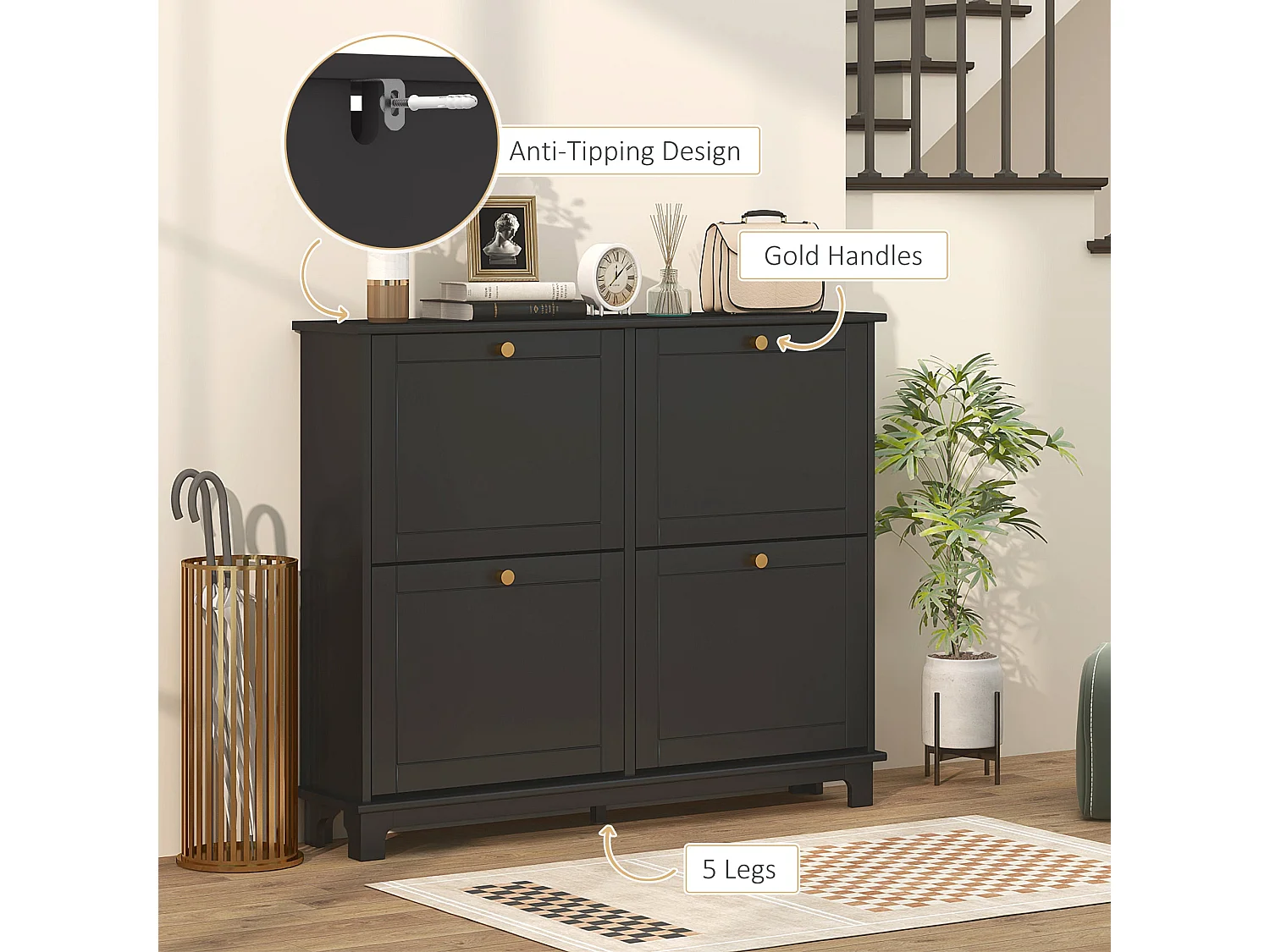 Serodo Black Slim Shoe Cabinet with 4 Flip Drawers Stores up to 16 Pairs