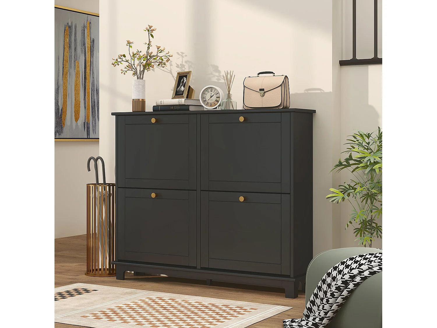 Serodo Black Slim Shoe Cabinet with 4 Flip Drawers Stores up to 16 Pairs
