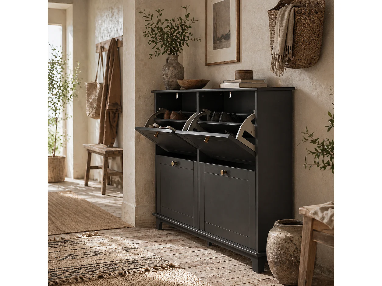 Serodo Black Slim Shoe Cabinet with 4 Flip Drawers Stores up to 16 Pairs