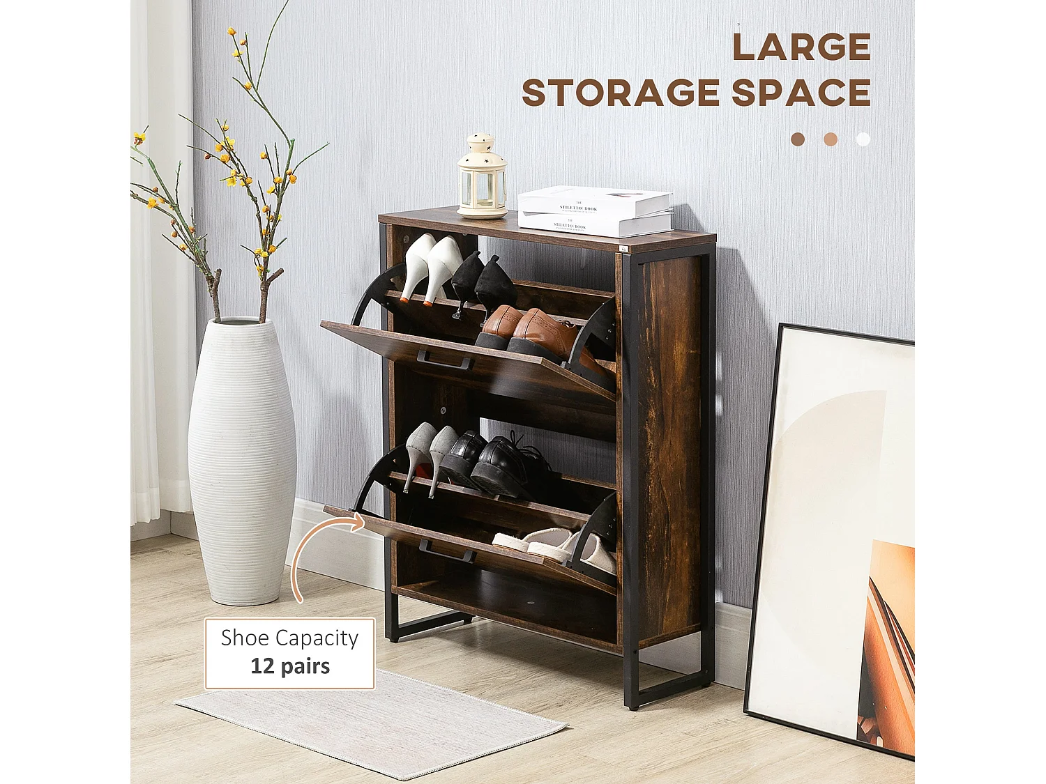 Conine Rustic Wood Effect 2 Door Shoe Cabinet Holds 12 Pairs