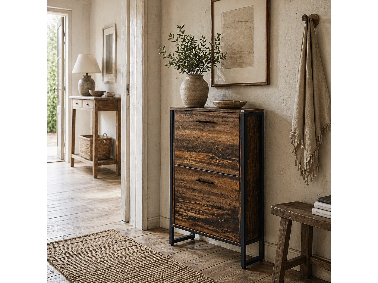 Conine Rustic Wood Effect 2 Door Shoe Cabinet Holds 12 Pairs