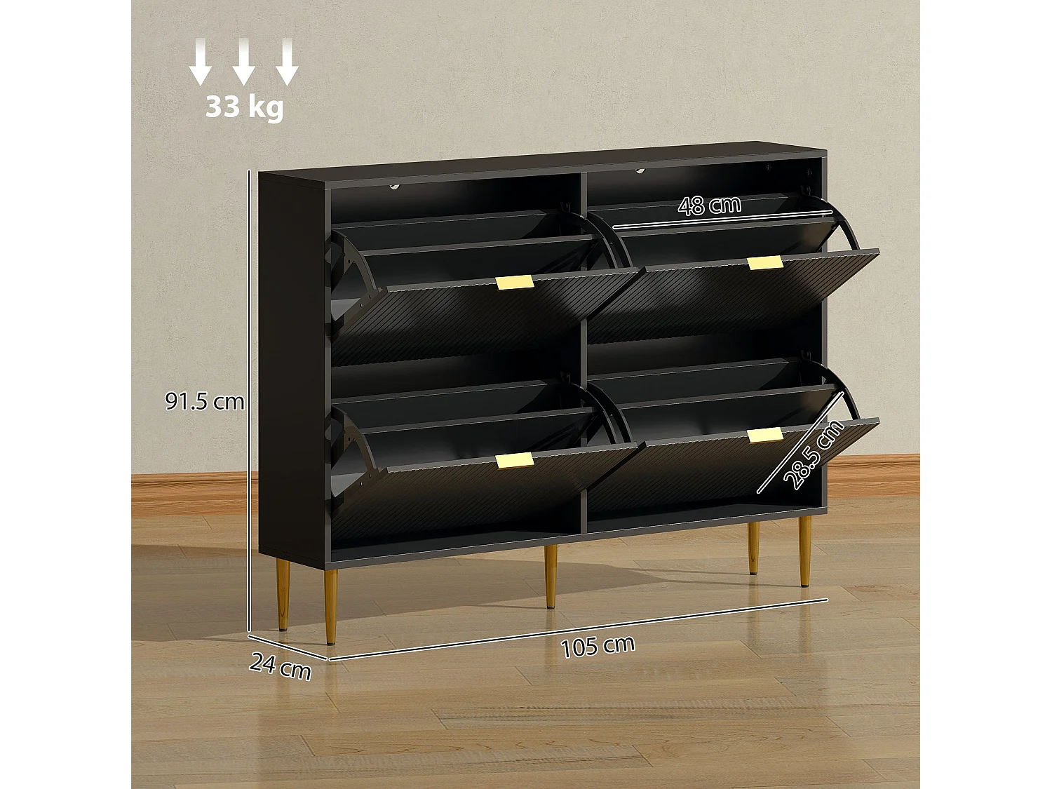Cofa Zimo Black 4 Drawer Ribbed Shoe Cabinet with Gold Handles