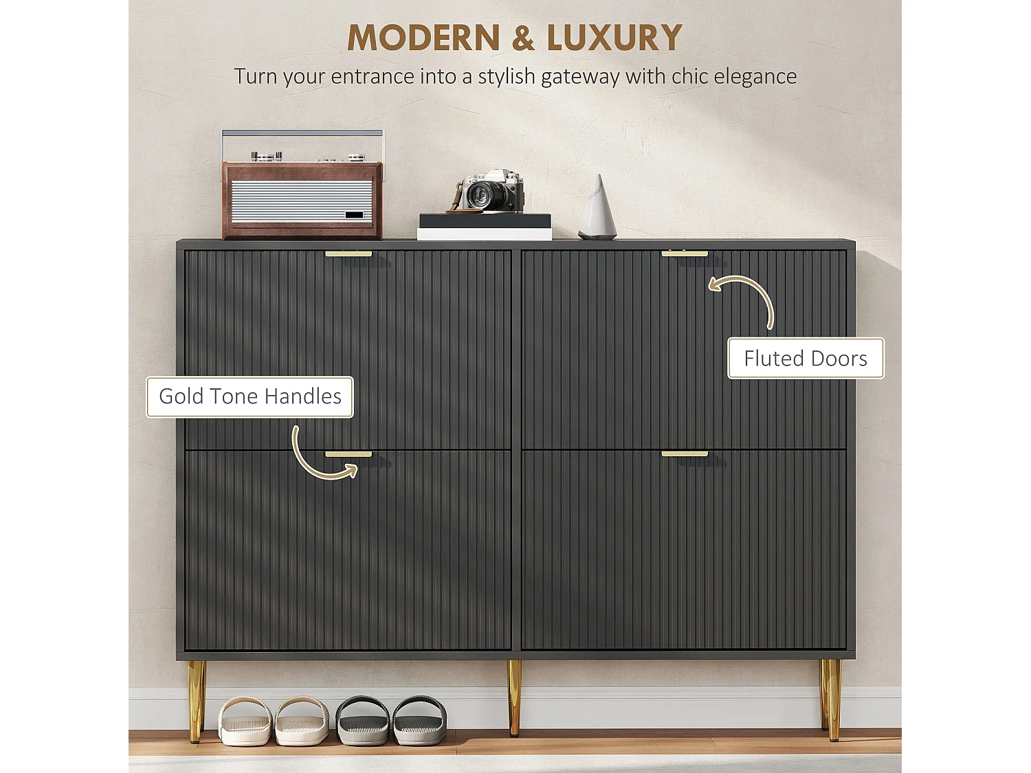 Cofa Zimo Black 4 Drawer Ribbed Shoe Cabinet with Gold Handles