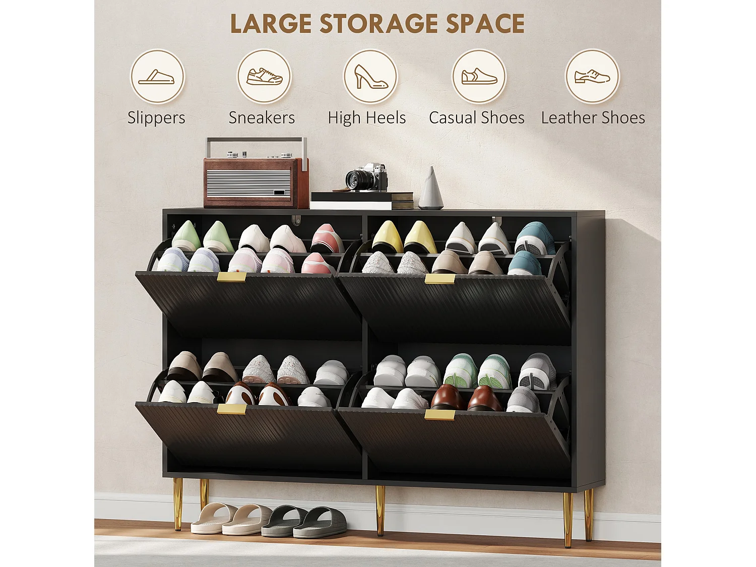 Cofa Zimo Black 4 Drawer Ribbed Shoe Cabinet with Gold Handles