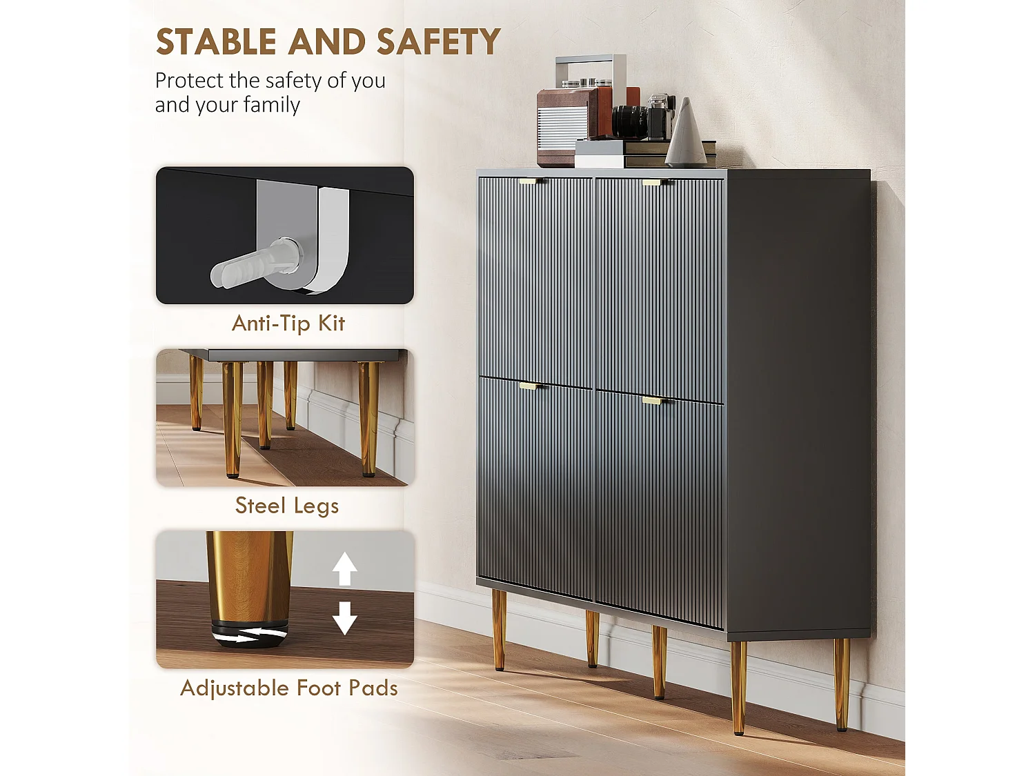 Cofa Zimo Black 4 Drawer Ribbed Shoe Cabinet with Gold Handles