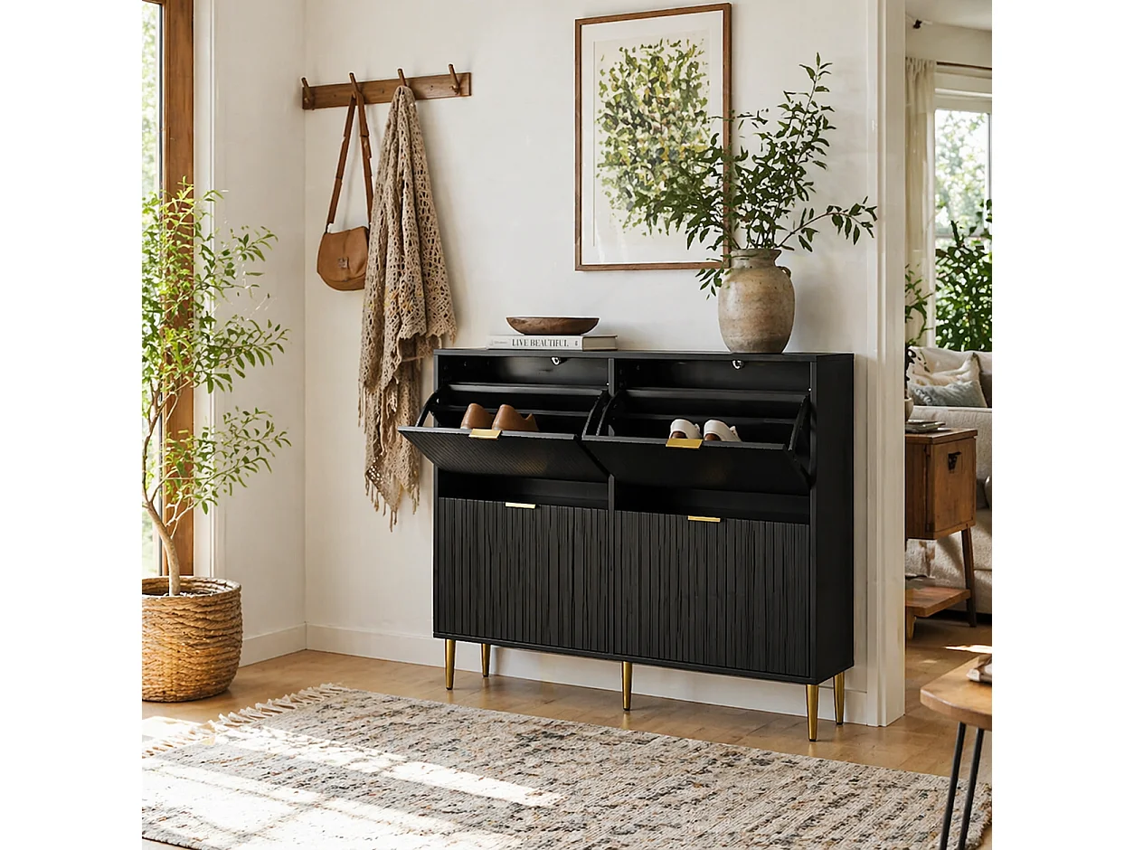 Cofa Zimo Black 4 Drawer Ribbed Shoe Cabinet with Gold Handles