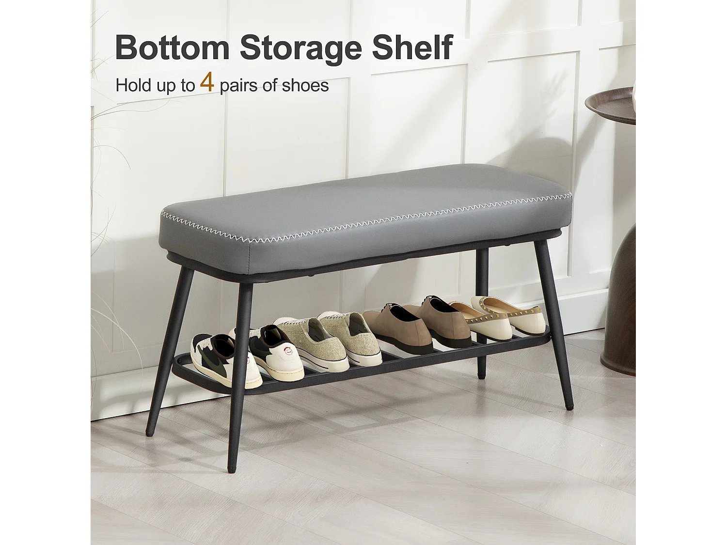 Hanoke Grey PU Leather Shoe Storage Bench with Cushioned Seat
