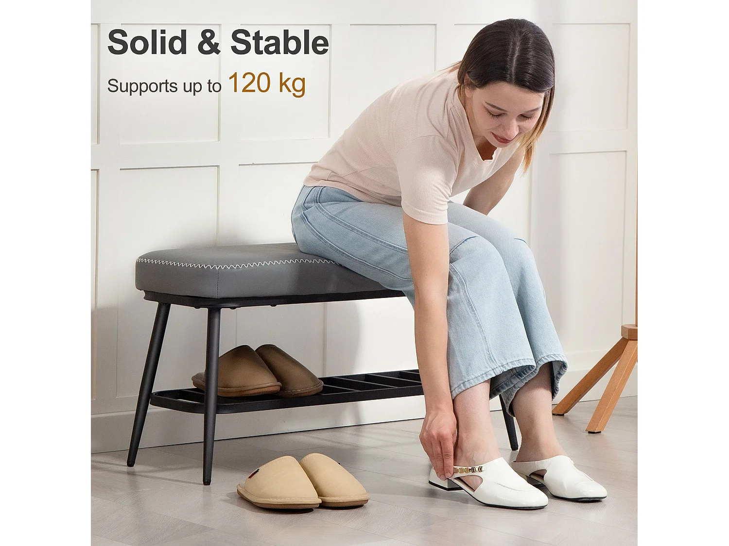 Hanoke Grey PU Leather Shoe Storage Bench with Cushioned Seat