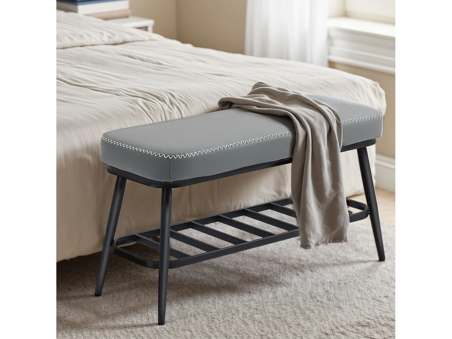 Hanoke Grey PU Leather Shoe Storage Bench with Cushioned Seat