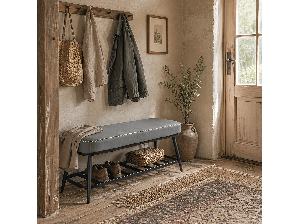 Hanoke Grey PU Leather Shoe Storage Bench with Cushioned Seat