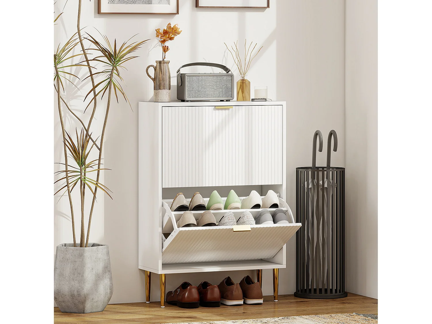 Baviva White 2 Drawer Shoe Cabinet with Ribbed Front and Gold Tone Accents
