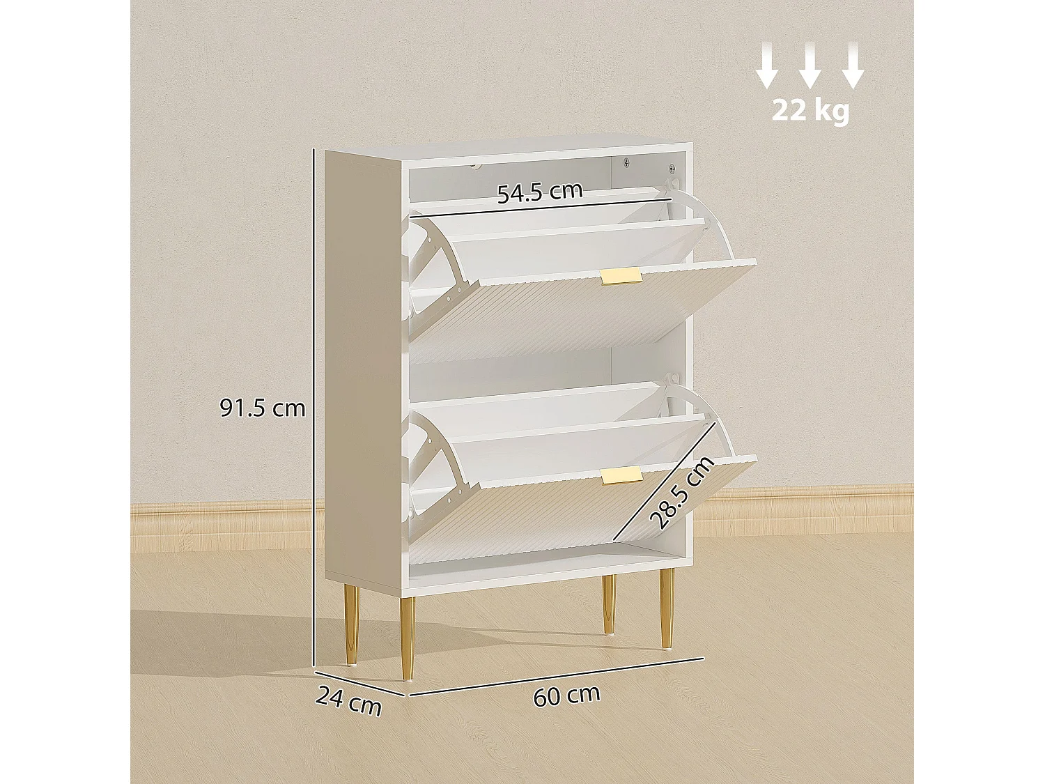 Baviva White 2 Drawer Shoe Cabinet with Ribbed Front and Gold Tone Accents