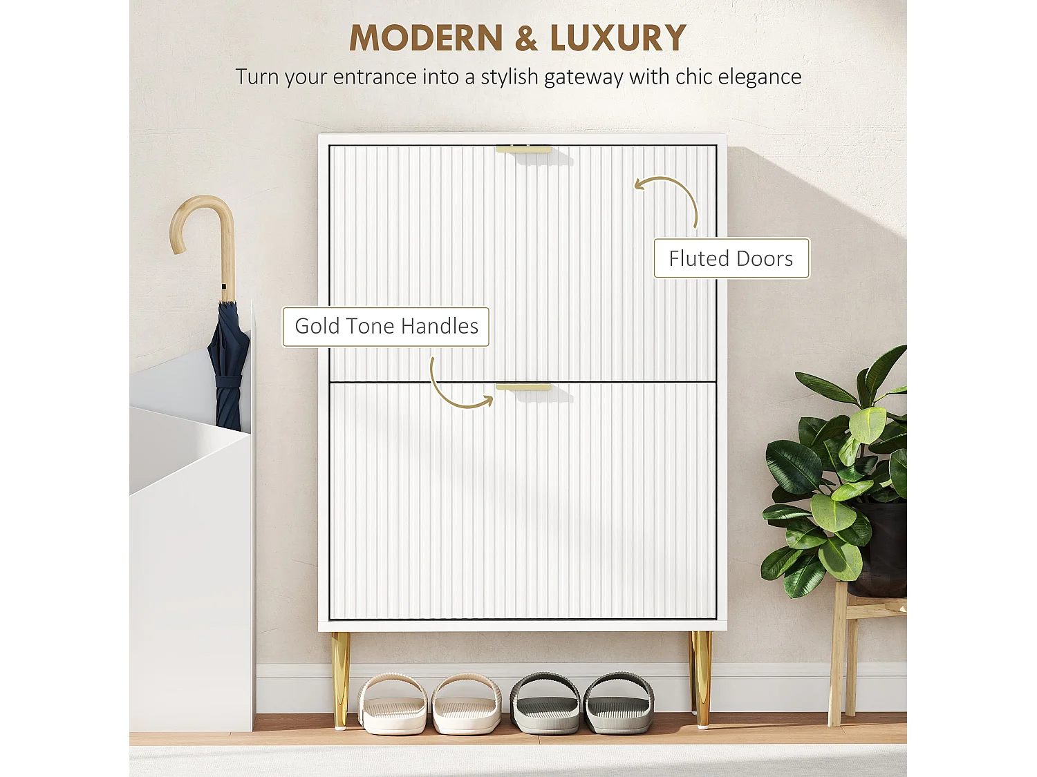 Baviva White 2 Drawer Shoe Cabinet with Ribbed Front and Gold Tone Accents