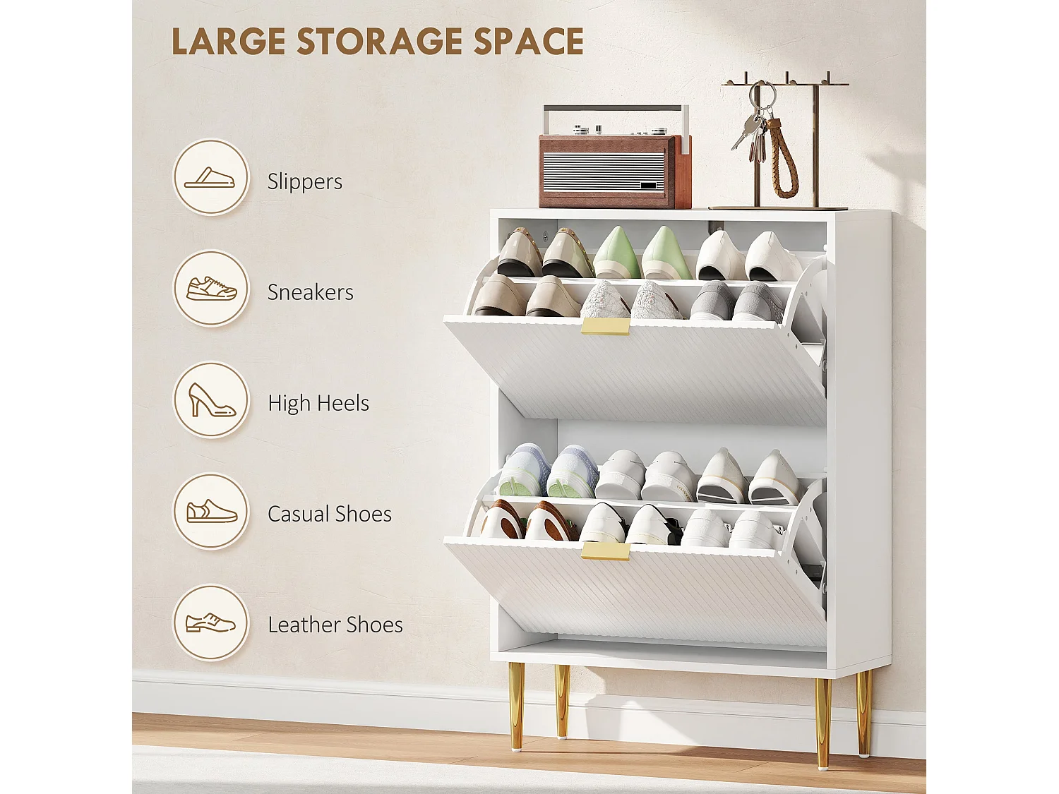 Baviva White 2 Drawer Shoe Cabinet with Ribbed Front and Gold Tone Accents