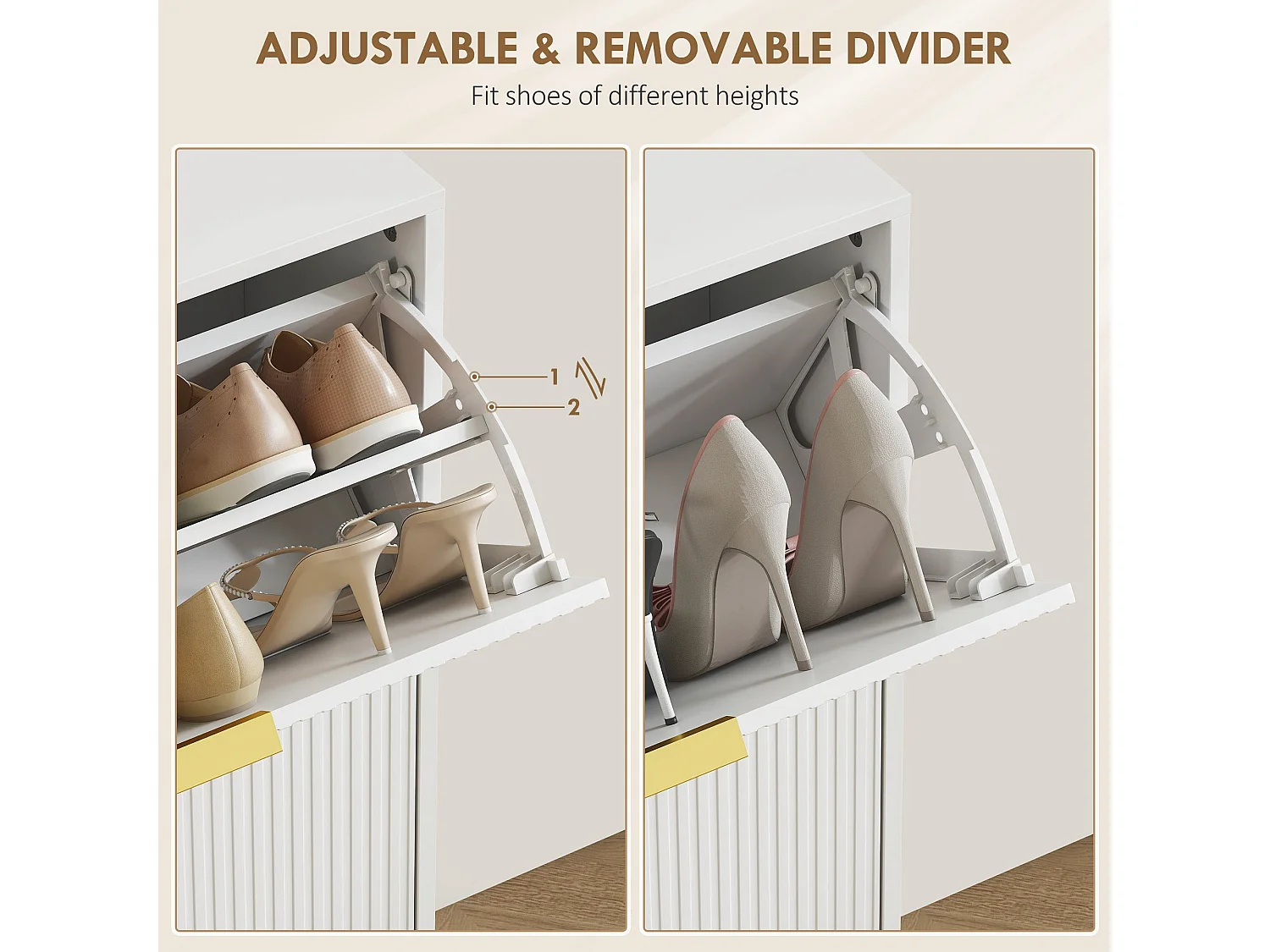 Baviva White 2 Drawer Shoe Cabinet with Ribbed Front and Gold Tone Accents