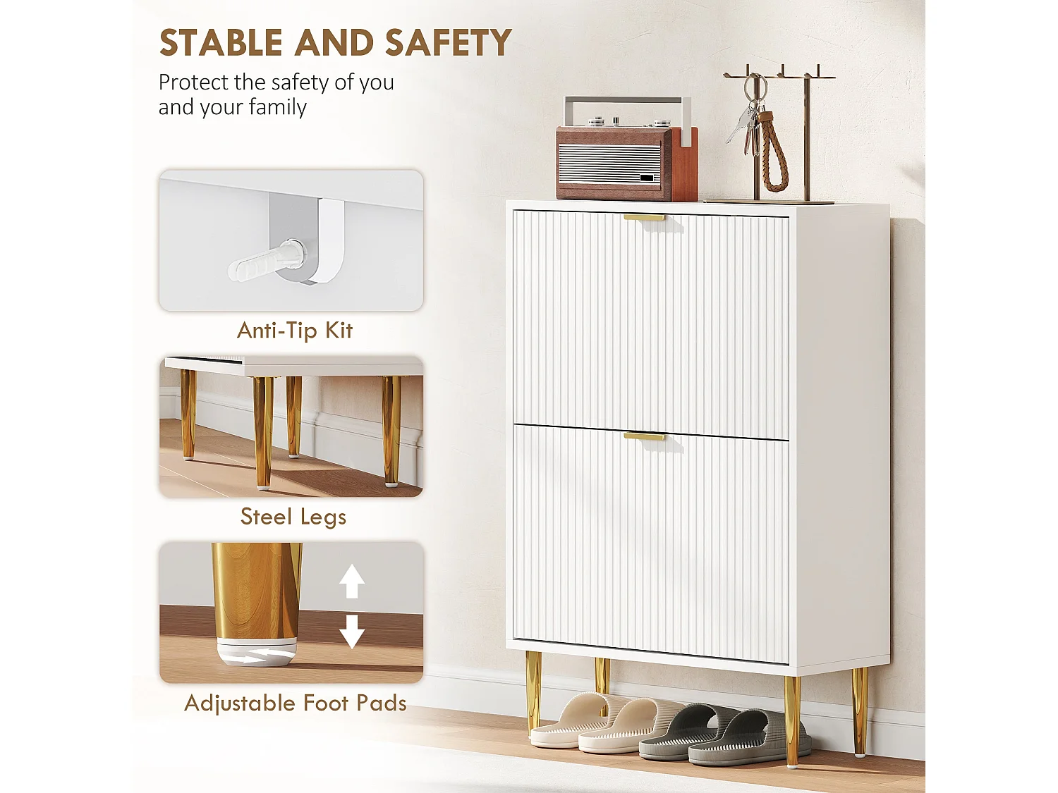 Baviva White 2 Drawer Shoe Cabinet with Ribbed Front and Gold Tone Accents